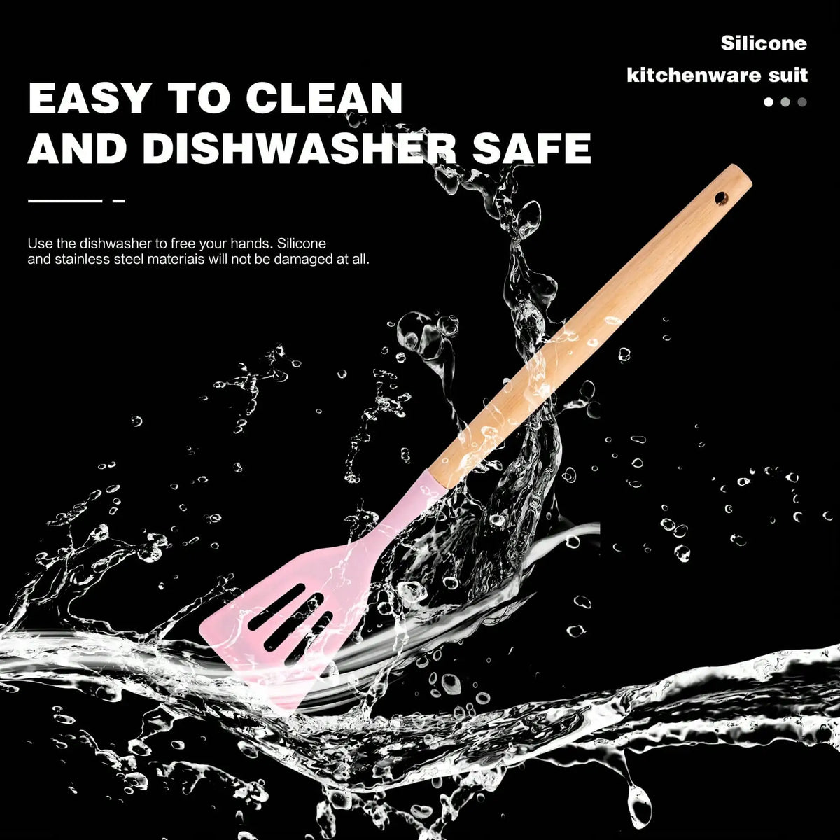 14-Piece Pink Silicone Kitchen Utensils Set with Wooden Handle, Cutting Board and Holder Rack