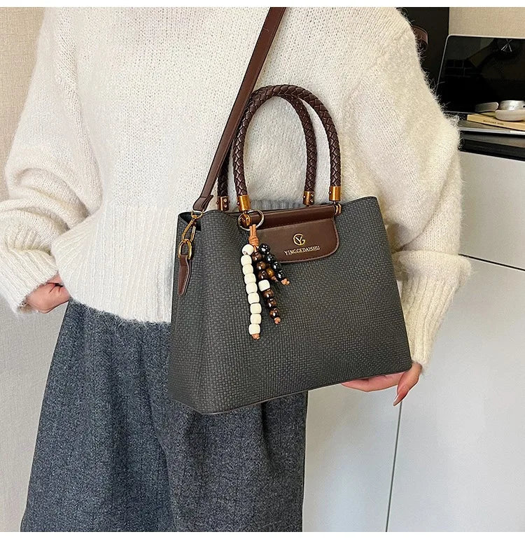 Dark Khaki Faux Leather Tote, Braided Handle & Wood Beads