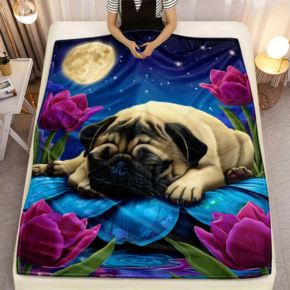 Pug by Moon and Tulips HD Printed Blanket. Soft and Warm Flannel Blankets for Travel, Camping, Sofa, Livingroom, Couch, Chair, Bed. Gift for Family or Friends 280GSM 4 Sizes Available (30x40in/40x50in/50x60in/60x80in)