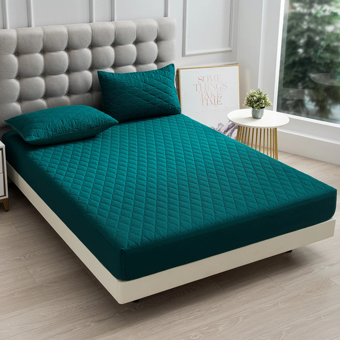 XM-Luvetoria 1pc Fitted Sheet Splash-proof Quilting Bed Cover Bedroom Mattress Protector Solid Color Bed Cover Sheet Soft Polyester Bed Cover