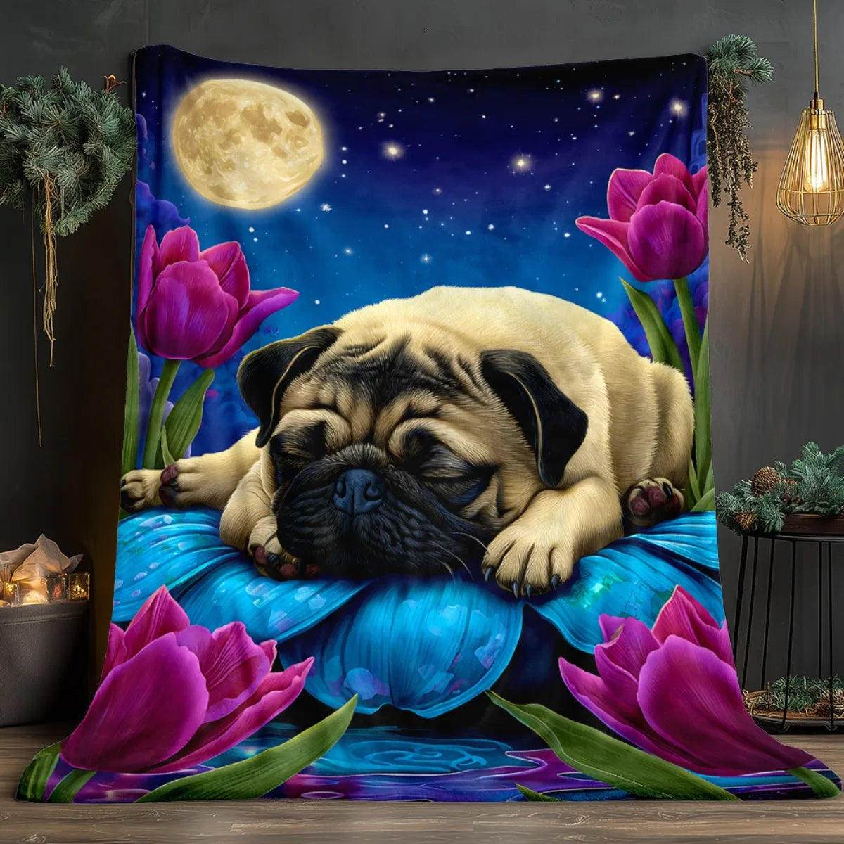 Pug by Moon and Tulips HD Printed Blanket. Soft and Warm Flannel Blankets for Travel, Camping, Sofa, Livingroom, Couch, Chair, Bed. Gift for Family or Friends 280GSM 4 Sizes Available (30x40in/40x50in/50x60in/60x80in)