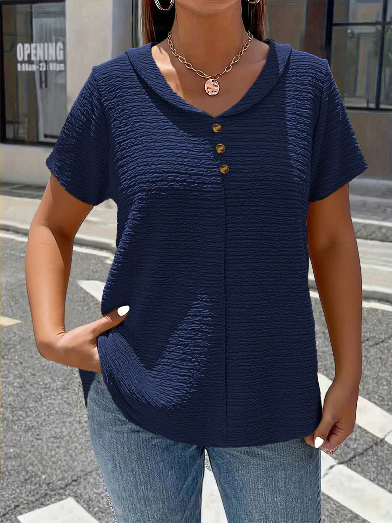 Women's Plus Size Doll Neck Short Sleeve Top — Elegant Textured Blouse