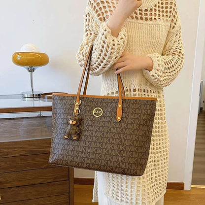 Letter-Print Tote with Cartoon Bear Charm
