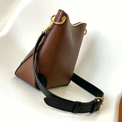 Brown Pebbled Leather Mini Bucket Bag, Black Trim