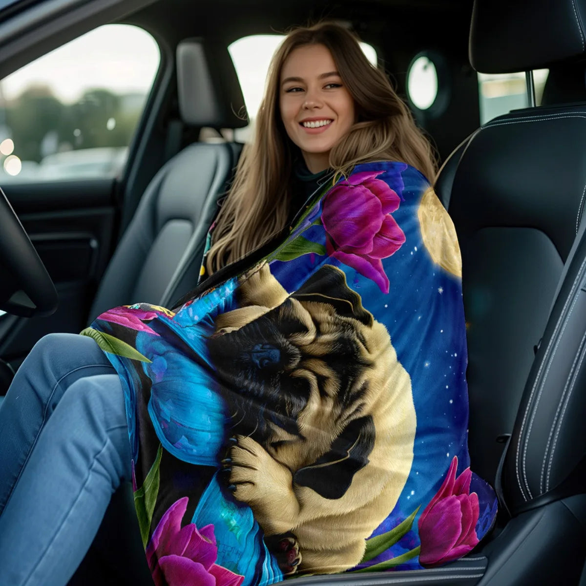 Pug by Moon and Tulips HD Printed Blanket. Soft and Warm Flannel Blankets for Travel, Camping, Sofa, Livingroom, Couch, Chair, Bed. Gift for Family or Friends 280GSM 4 Sizes Available (30x40in/40x50in/50x60in/60x80in)