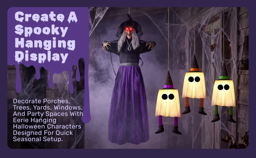 23.6'' 3Pcs Halloween Hanging Ghosts Decorations Outdoor, Warm Light Up Ghosts with Witch Hat & Timer, Flying Halloween Decorations for Yard Porch Lawn Party Supplies Tree Decor