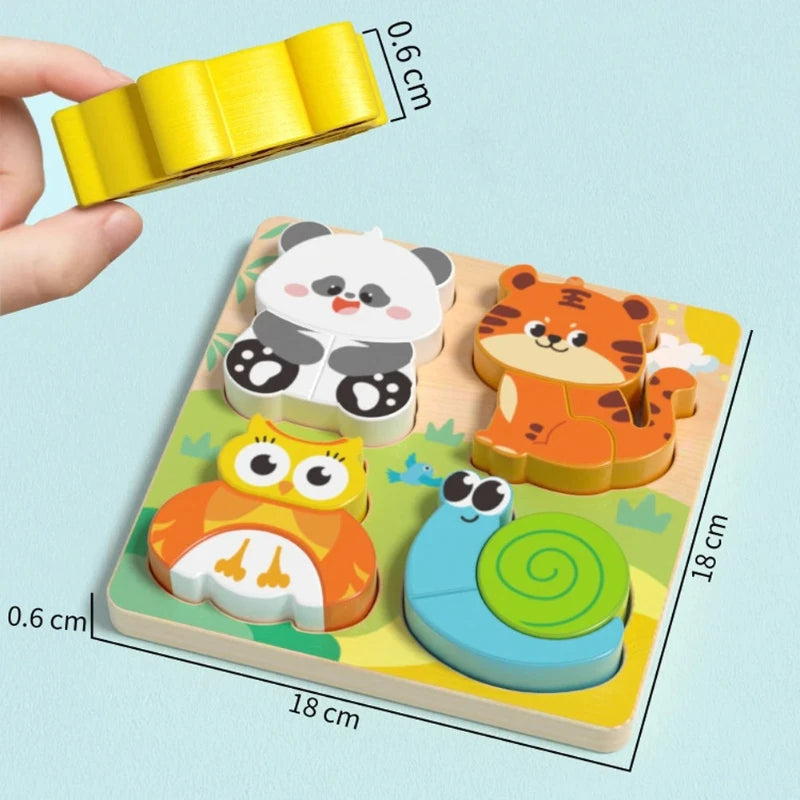 Four-in-one Wooden Toy, 3D Wooden Puzzle, Cartoon Animal, Cognitive Puzzle Early Learning and Educational Toy for Children, Gift