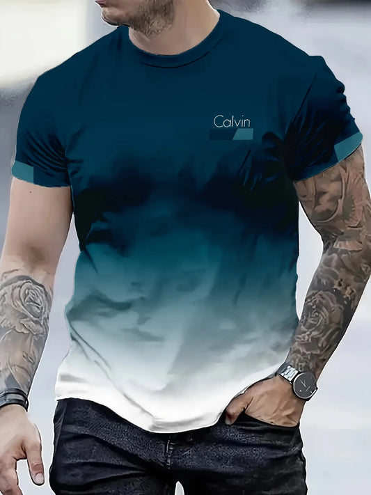 T-shirt de luxe à imprimé dégradé 3D pour homme — T-shirt abstrait col rond motifs tourbillons or et turquoise