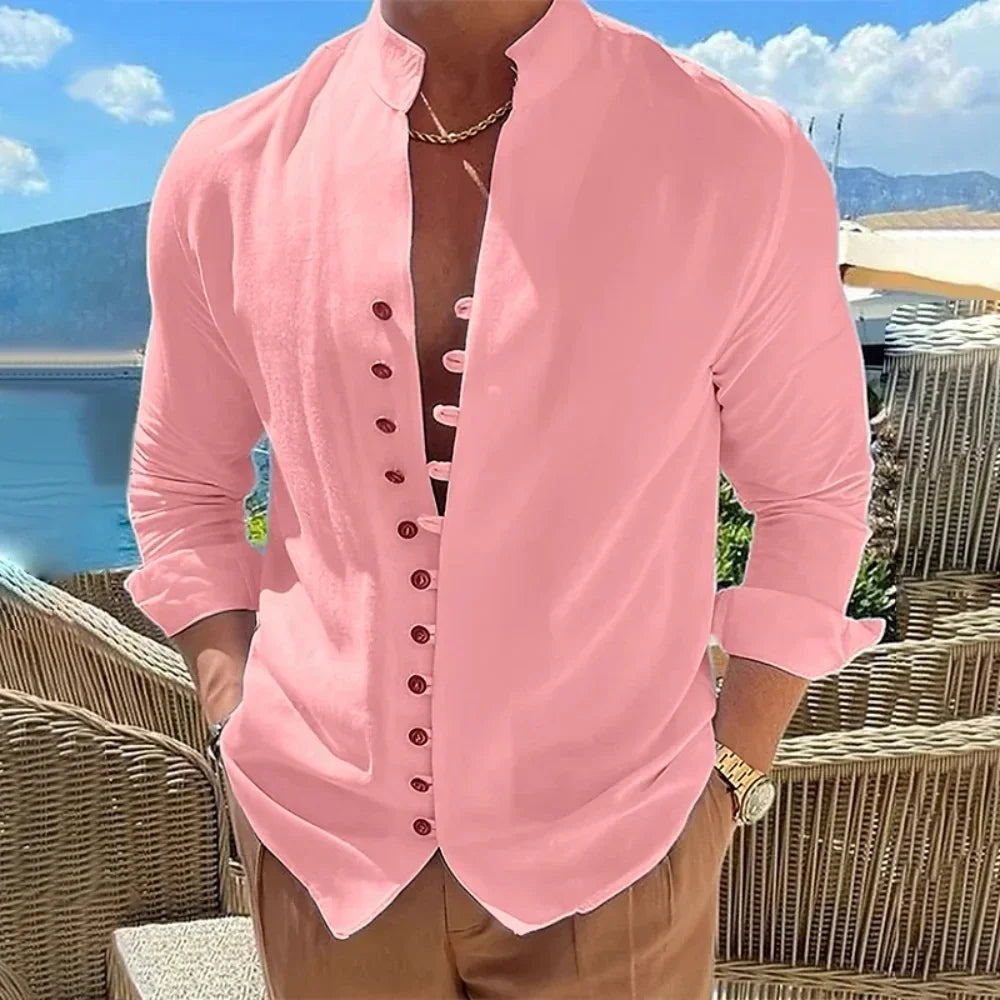 Men's Cotton Linen Shirt — Long Sleeve Button-Up Solid Color Plus Size Casual Top