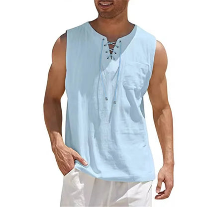 Men's Cotton Linen Sleeveless Vest — Retro V-Neck Lace Up Tank Top