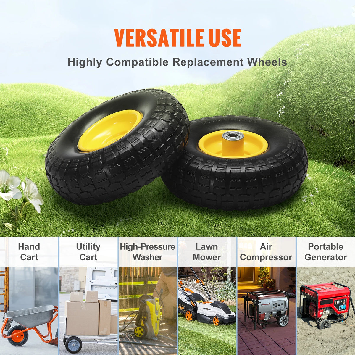 2-Pack Solid PU Run-Flat Tire Wheel 10" Flat Free Tubeless Tires and Wheels for Dollies Garden Trailers Various Carts