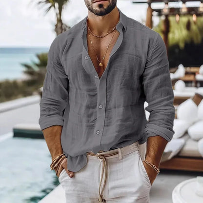 Men's Cotton Linen Beach Style Button Shirt — Solid Color Breathable Lightweight Top