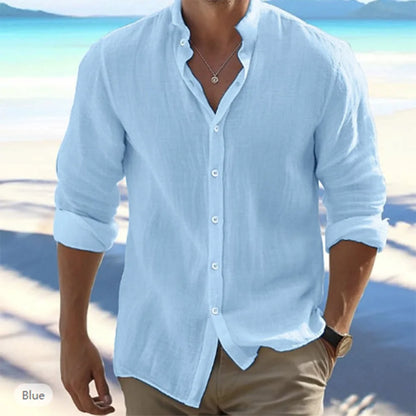 Men's Cotton Linen Long Sleeve Stand Collar Beach Shirt — Solid Color Plus Size Casual Top