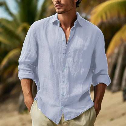 Men's Cotton Linen Hawaiian Casual Shirt — Turn Down Collar Solid Breathable White Shirt