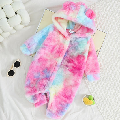 Plaid Hooded Plush Jumpsuit, Winter Warm Romper