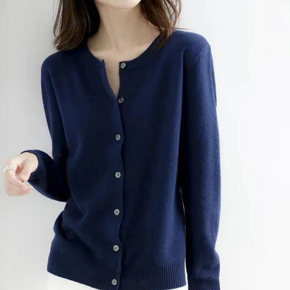 Women's Round Neck Knitted Cardigan Sweater — Solid Color Loose Slimming Top