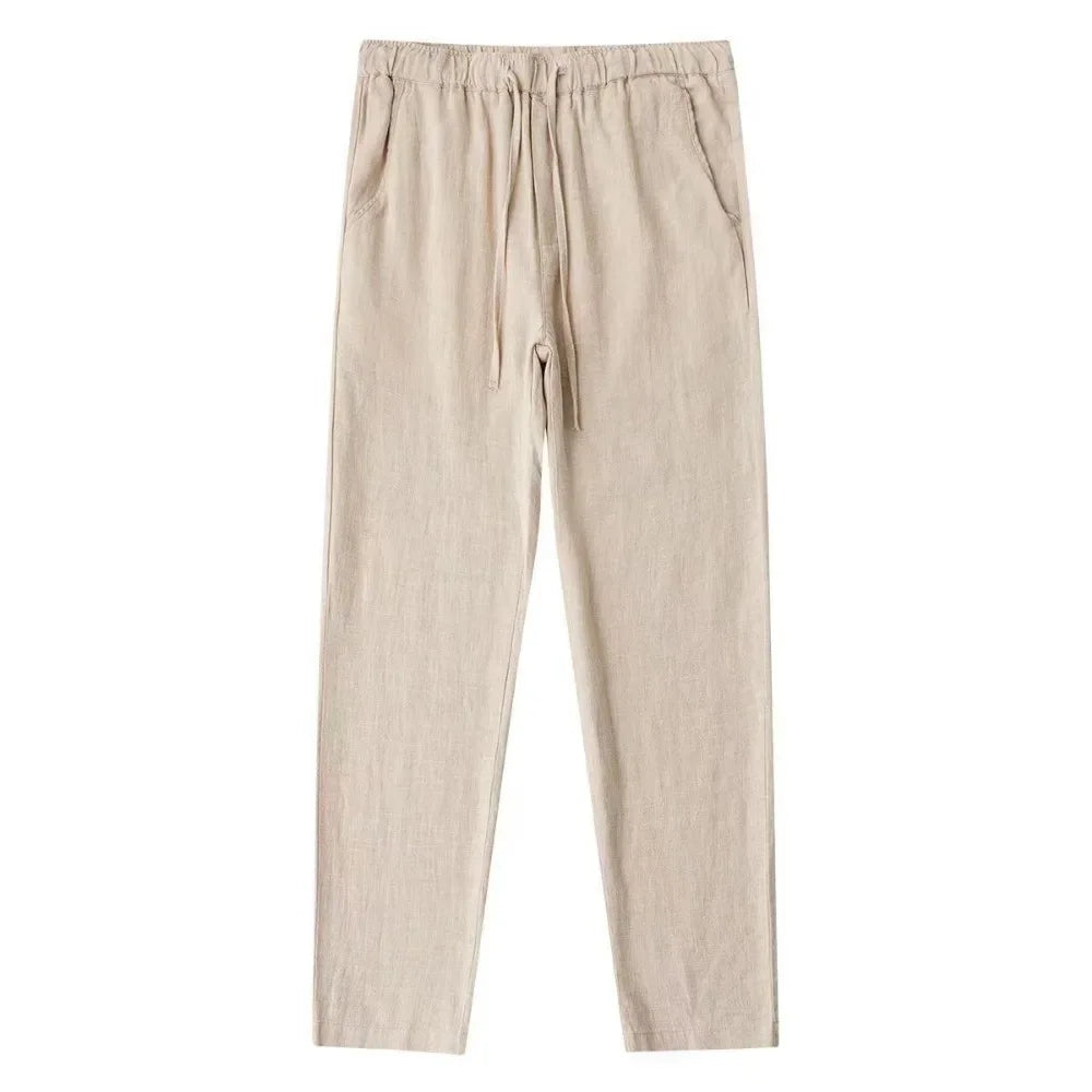 Men's Cotton Linen Pants — Breathable Solid Color Streetwear Trousers with Back Pocket