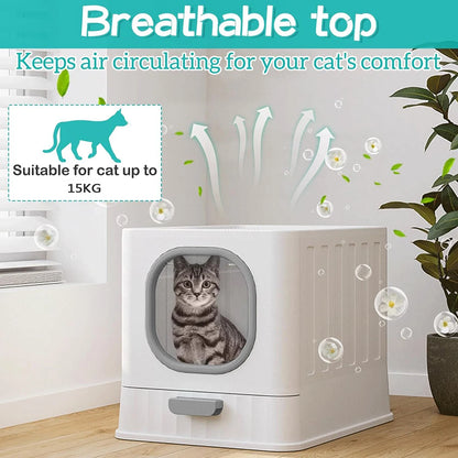Enclosed Cat Litter Box with Pull Drawer & Scoop — Anti-Splash Kitten Training Toilet