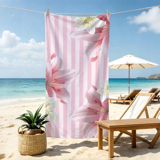 1pc pink striped beach towel, large floral printed beach towel, ultra-fine