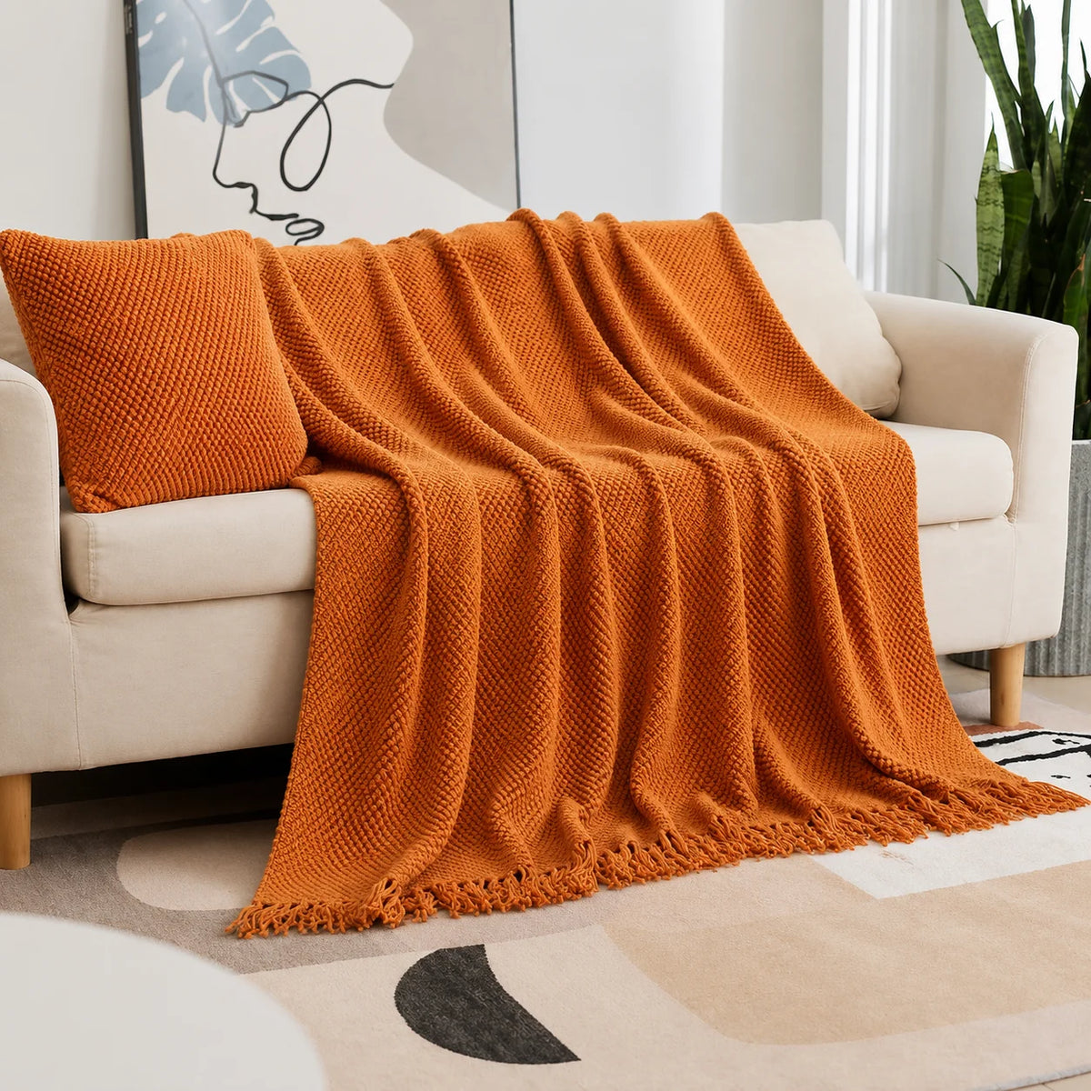 Beige Openwork Textured Knit Throw Blanket with Tassel Fringe, Soft Knitted Decorative Blanket, Lightweight Cozy Cover for Couch Sofa Bed, Boho Farmhouse Home Decor for Living Room Bedroom