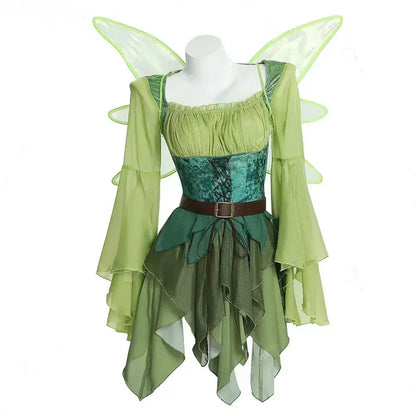 Women's Elf Medieval Green Fairy Dress Magical Elf Dress and Belt with Wings Halloween Carnival Party Cosplay Costumes