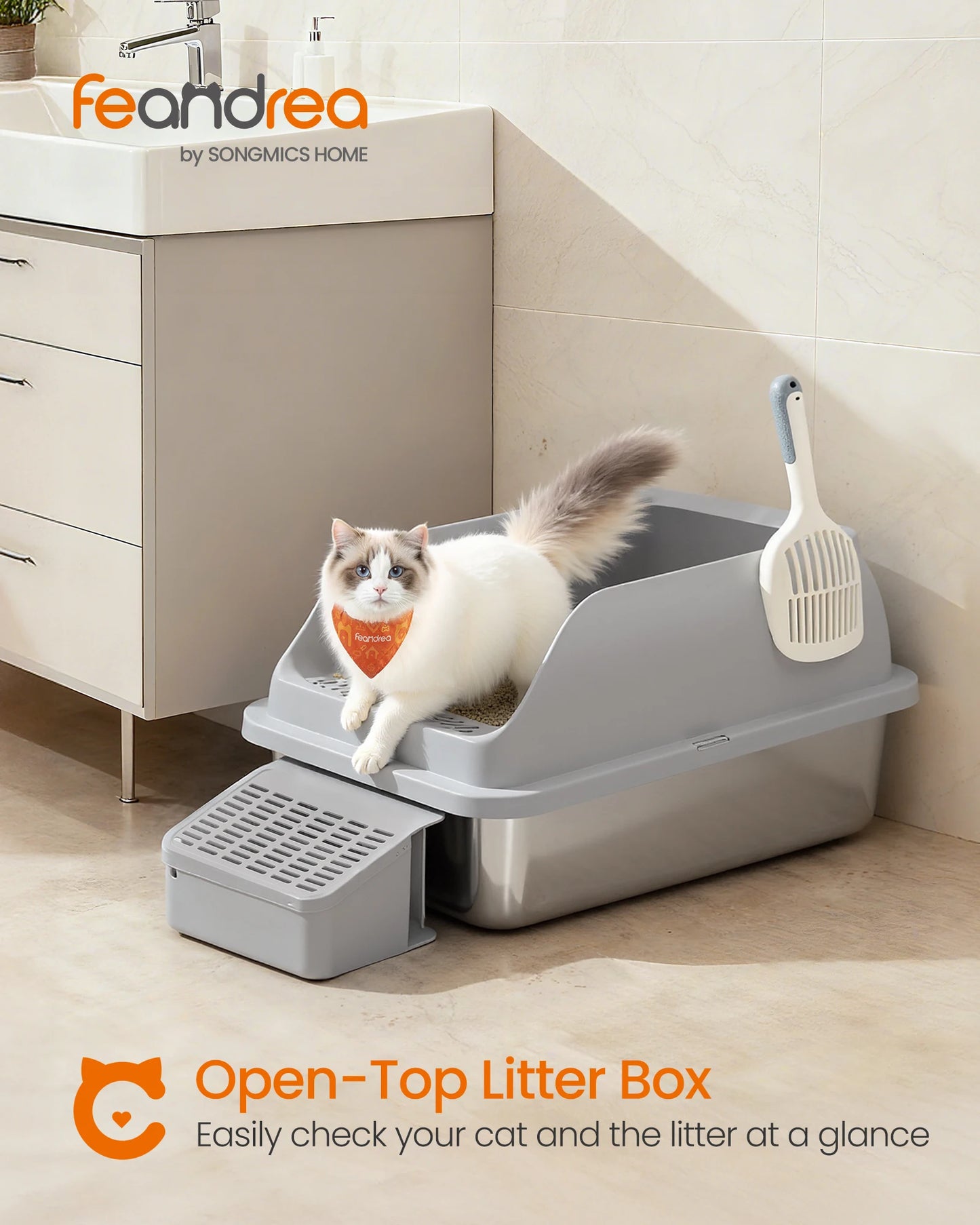 Stainless Steel Open Top Cat Litter Box — High Sided with Step, Scoop & Brush