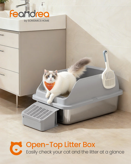 Bac à litière ouvert en acier inoxydable pour chat — Bords hauts avec marche, pelle et brosse