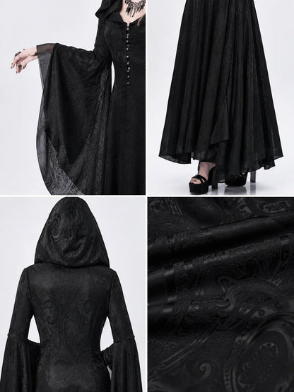 Women Gothic Witch Hooded Maxi Dress Bell Long Sleeve Jacquard Mesh V‑Neck Button Front Floor‑Length Gown Halloween Cosplay Costume for Party Carnival