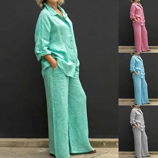Ensemble décontracté deux pièces pour femme — Chemise à revers et pantalon large