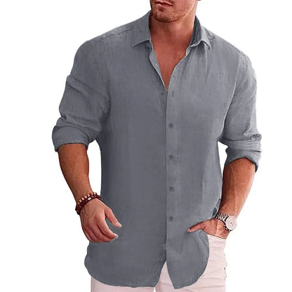 Men's Cotton Linen Long Sleeve Casual Shirt — Solid Color Plus Size Linen Top