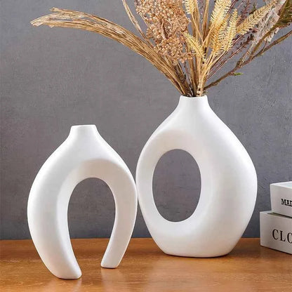 Hollow Nordic Modern  Vase Set of 2 for Modern Home Decor,Plastic imitation ceramic Hollow Flower Vases for Living Room