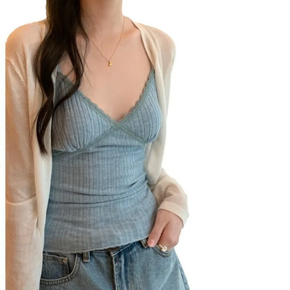 Women's V-Neck Ribbed Lace Cami Top — Built-in Bra Strappy Vest Tank