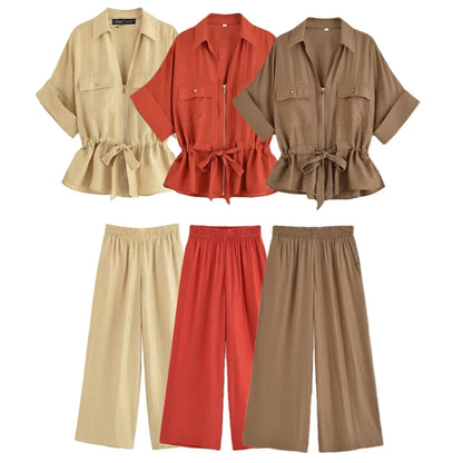Willshela Women's 2-Piece Set — Zipper Shirt & High Waist Elastic Trousers