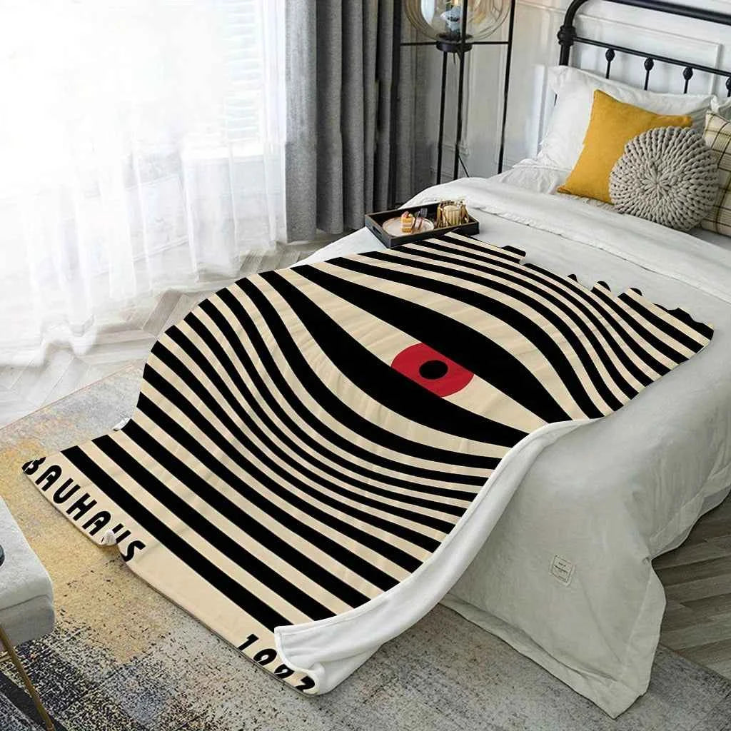 Bauhaus Eye Flannel Blanket Retro 1923 Striped Pattern Red Black Beige Color Scheme Artistic Throw For Sofa Couch Living Room