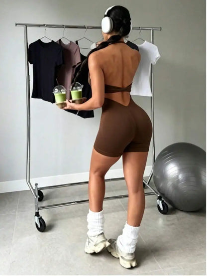 Pink Crisscross Back Yoga Jumpsuit — 4-Way Stretch Gym Casual Wear