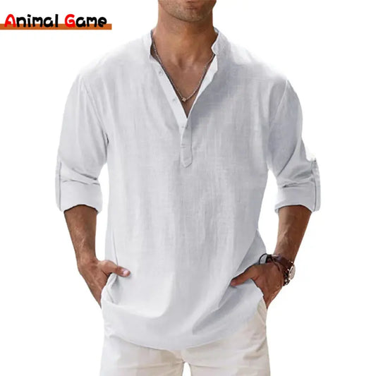 Chemise de plage Henley à manches longues en coton et lin pour homme — T-shirt hawaïen léger