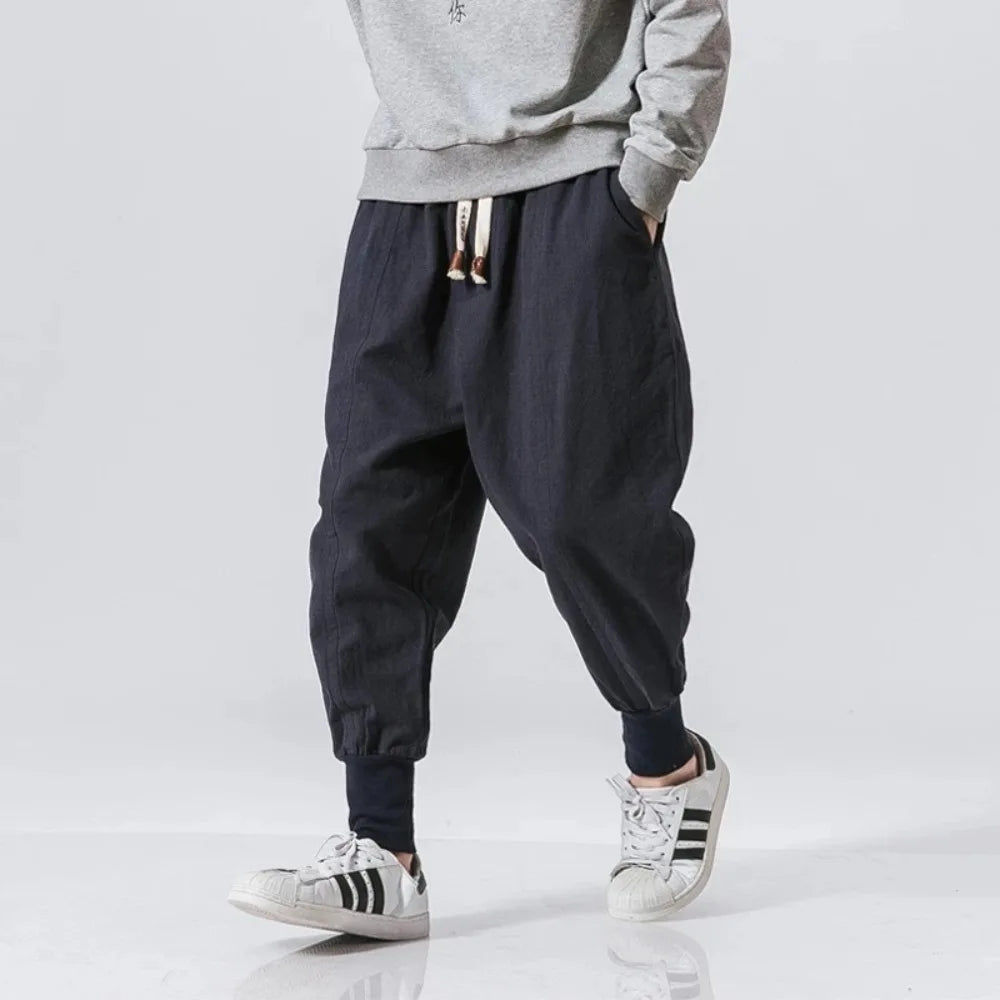 Men's Cotton Linen Harem Pants — Baggy Drop-Crotch Streetwear Joggers