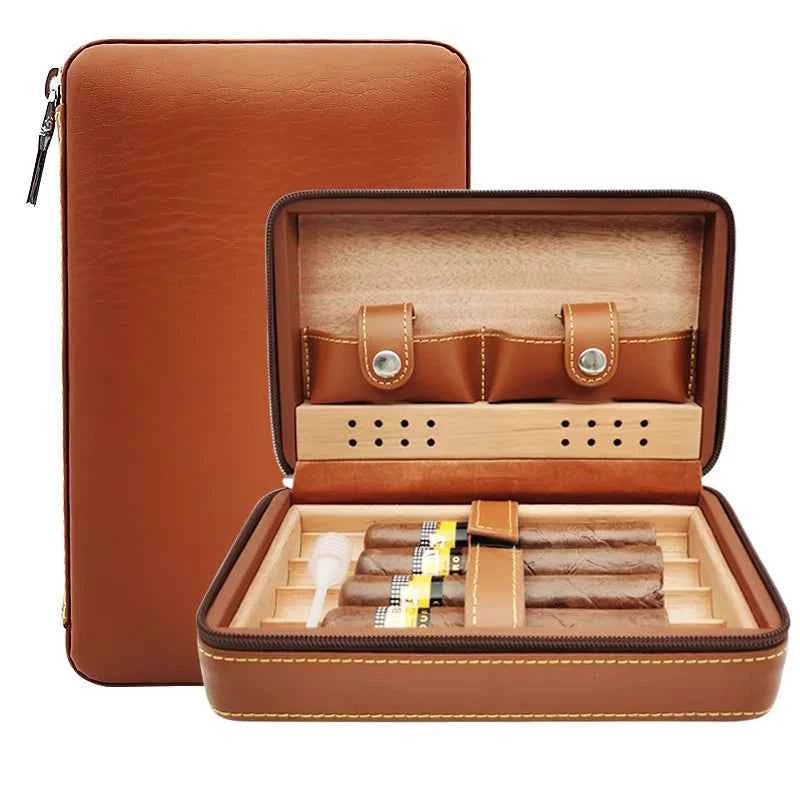 4pcs Humidor Cigar Box Travel Cigar Case orginizer without cutter lighter Leather Cedar Wood Cutter smoking accessories storage