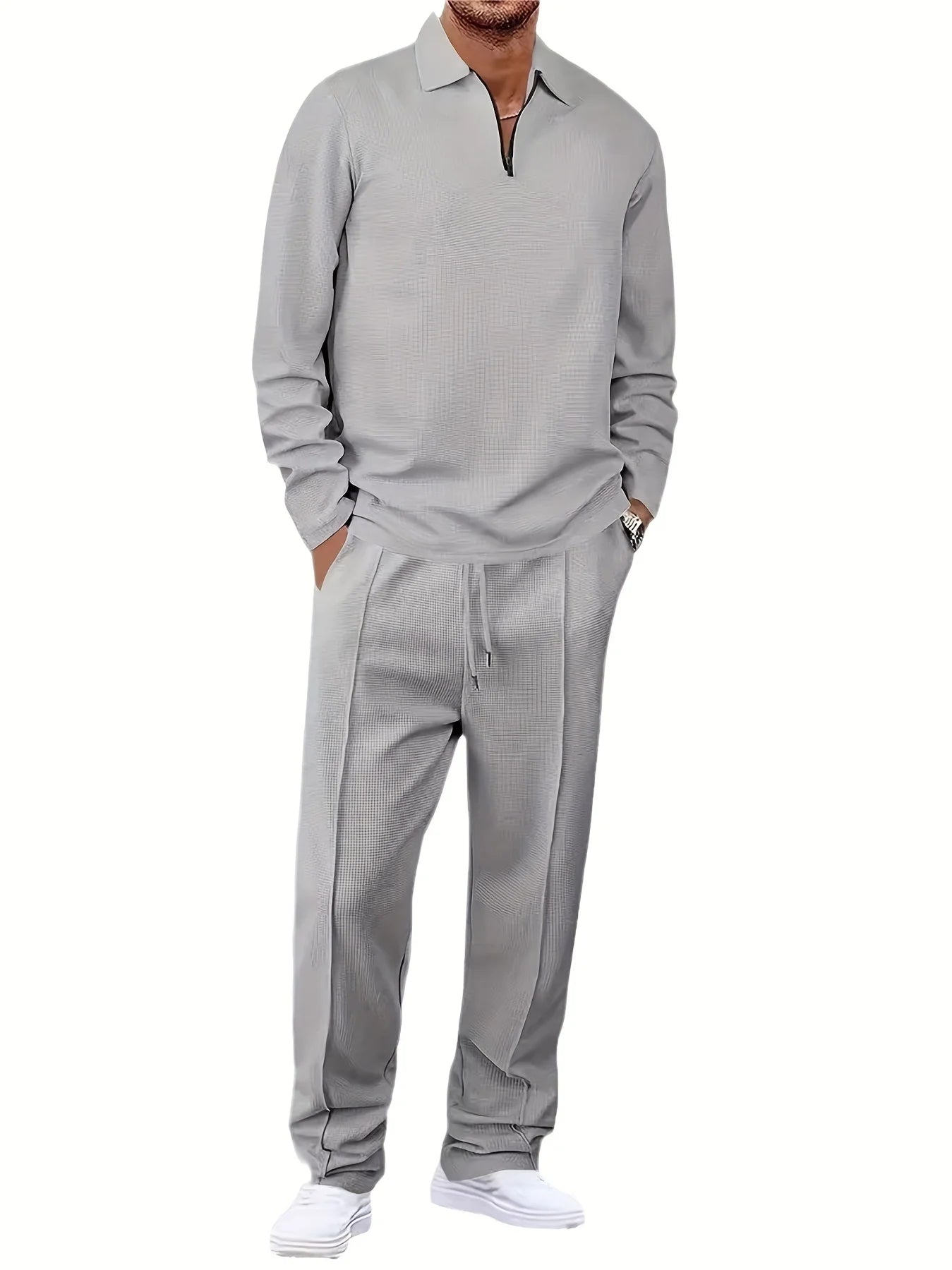 Men's 2-Pack Plaid Knitted Tracksuit — Long Sleeve Top & Pants Casual Sports Set