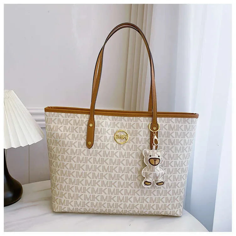 Letter-Print Tote with Cartoon Bear Charm