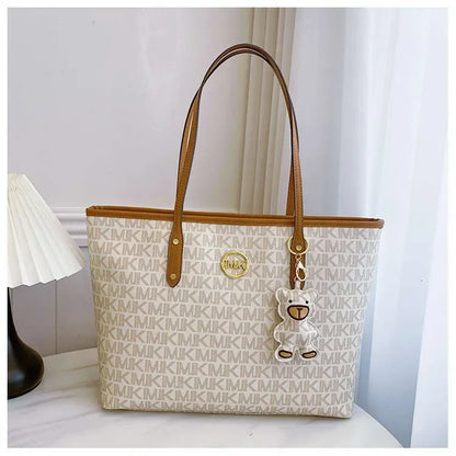 Letter-Print Tote with Cartoon Bear Charm