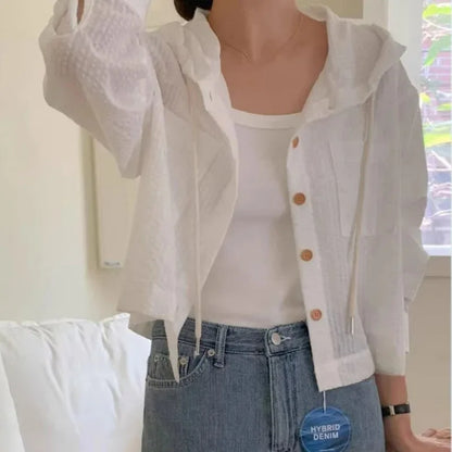Women's Korean Chic Stripe Contrast Hooded Shirt — Loose Long Sleeve Sunscreen Top