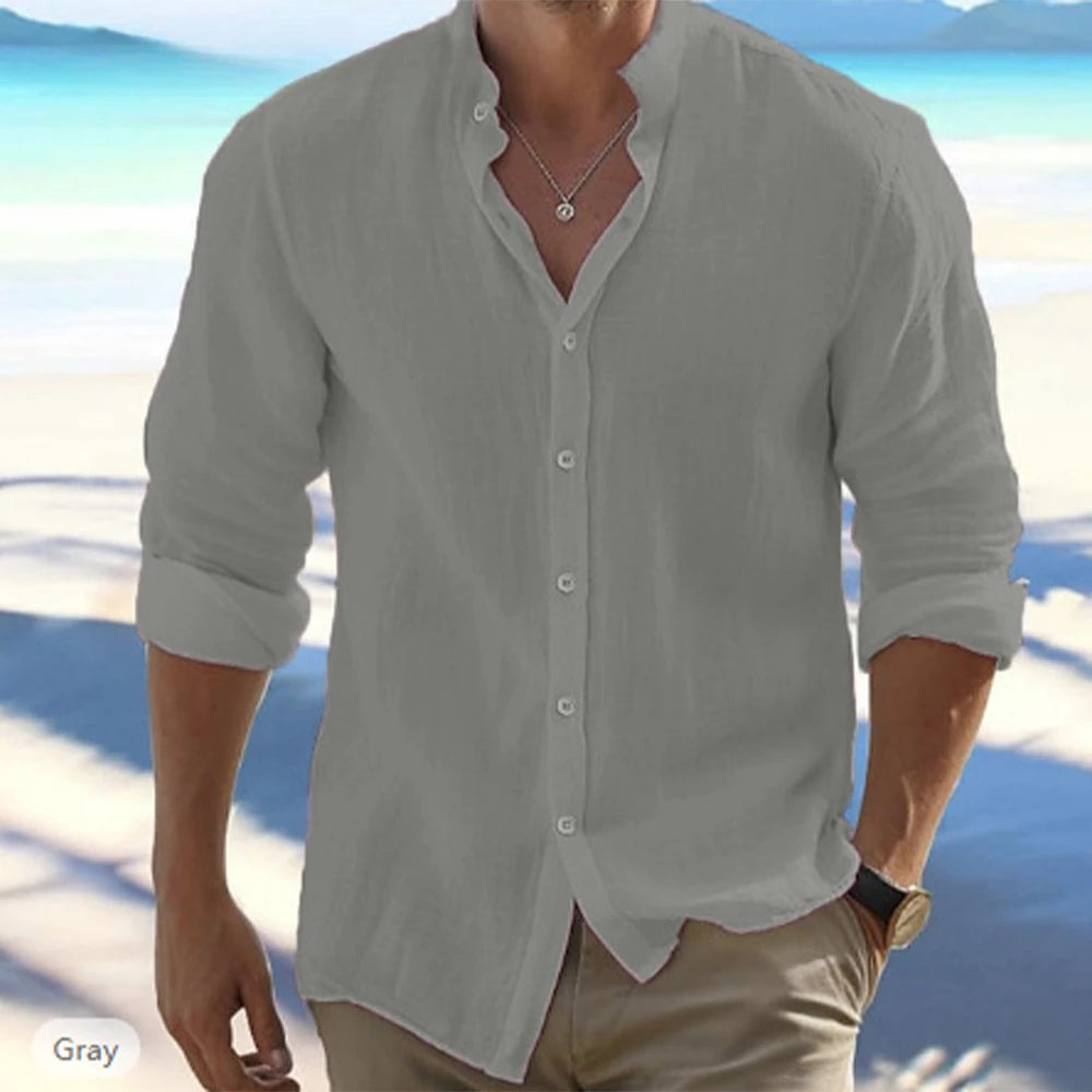 Men's Cotton Linen Long Sleeve Stand Collar Beach Shirt — Solid Color Plus Size Casual Top