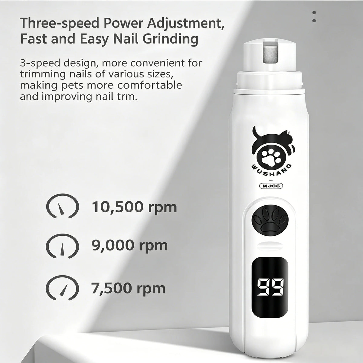 LCD Display Pet Nail Polisher with 3 Grinding Heads