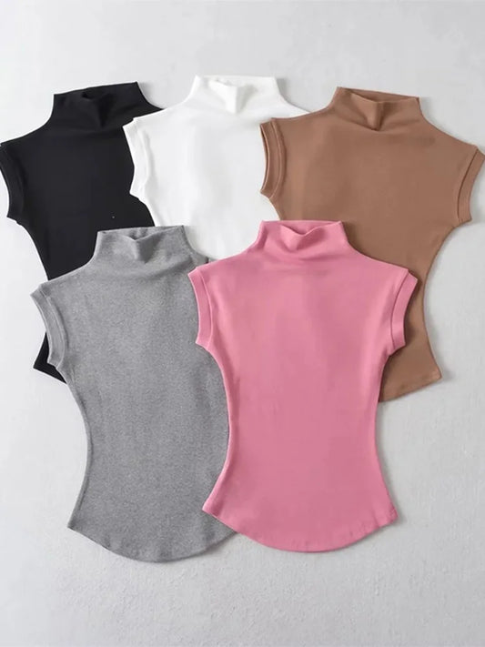 T-shirt à col roulé sans manches pour femme — Coupe slim, couleur unie, style décontracté et streetwear