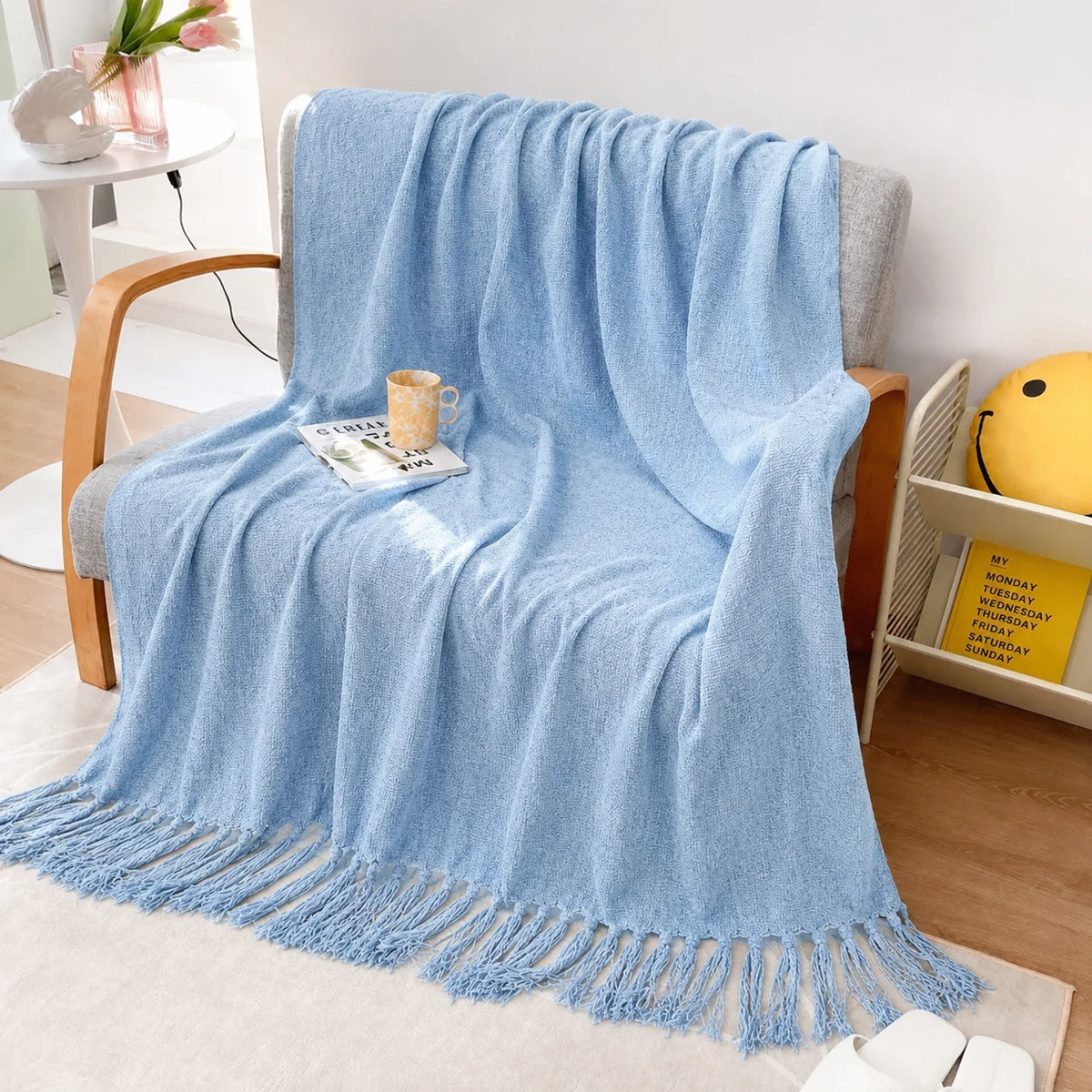 Sage Green Diamond Knit Throw Blanket with Tassels