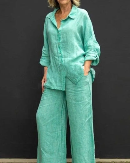 Women's Lapel Shirt & Wide-Leg Pants — Casual Two-Piece Set