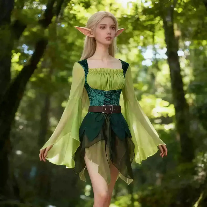 Women's Elf Medieval Green Fairy Dress Magical Elf Dress and Belt with Wings Halloween Carnival Party Cosplay Costumes