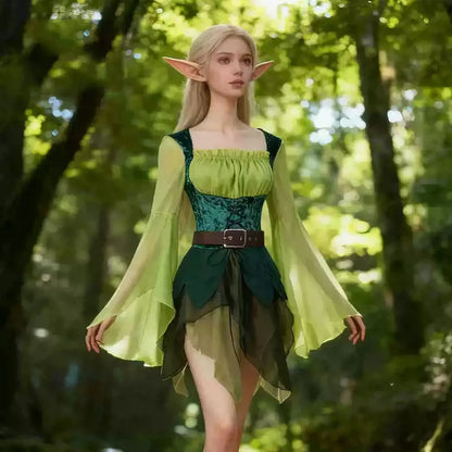 Women's Elf Medieval Green Fairy Dress Magical Elf Dress and Belt with Wings Halloween Carnival Party Cosplay Costumes