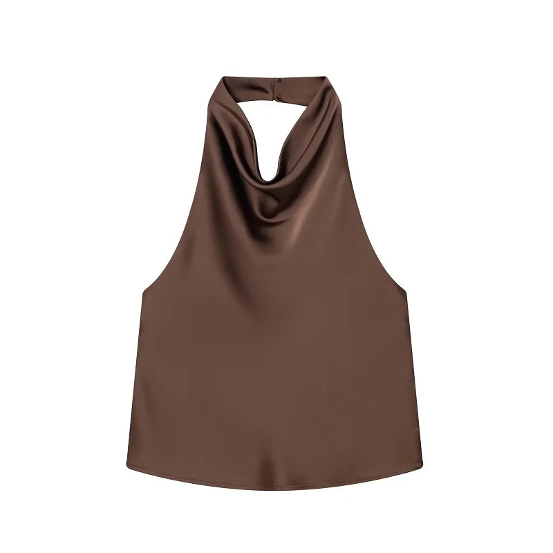 MUJER Women's Halter Satin Camisole Top — Off Shoulder Backless Summer Top